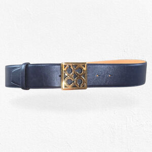 Coach Sig C Pierced Belt 90110 Navy Gold Square Buckle Leather Size Medium